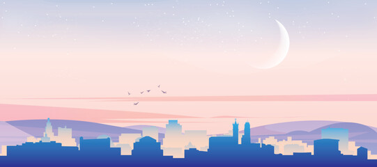 Panoramic poster of the city skyline with misty background buildings, hills sunrise, sunset and clouds of MADRID, SPAIN © Djerdj
