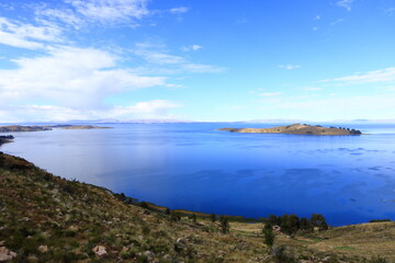 A peaceful view of Lake Titicaca from a hill near Calata, San Pablo de Tiquina, Bolivia