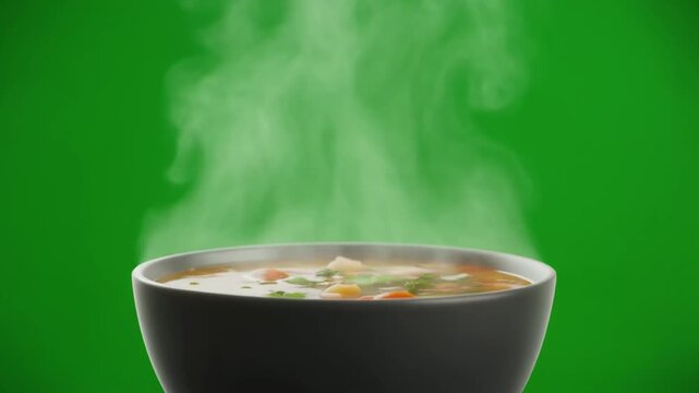 A dark bowl of hot, steaming vegetable soup against a vibrant green background, highlighting warmth and comfort.