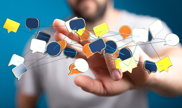 Abstract image of a hand interacting with speech bubble network, conveying concepts of communication and connec - Powered by Adobe