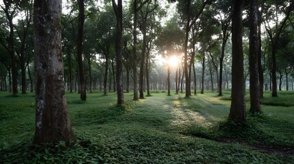 Naklejka premium Golden sunlight filters through trees in a peaceful forest grove casting long shadows on the verdant ground