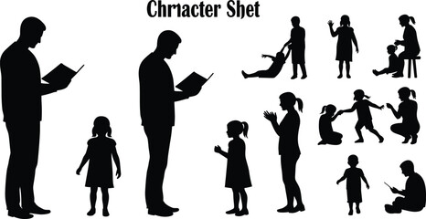 Obraz premium Silhouette of father and children reading and playing together, family education, parenting, childhood learning, character sheet illustration concept