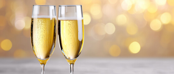 elegant celebration banner with two champagne glasses clinking in soft festive bokeh atmosphere, sparkling drink concept for holiday greetings, party invitations and new year events