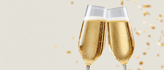 elegant celebration banner with two champagne glasses clinking in soft festive bokeh atmosphere, sparkling drink concept for holiday greetings, party invitations and new year events