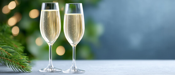 elegant celebration banner with two champagne glasses clinking in soft festive bokeh atmosphere, sparkling drink concept for holiday greetings, party invitations and new year events