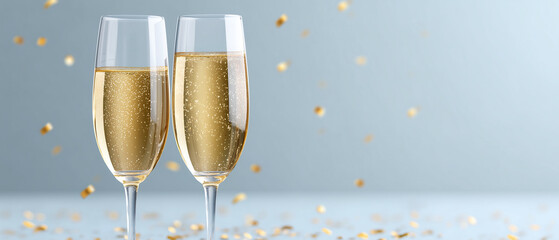 elegant celebration banner with two champagne glasses clinking in soft festive bokeh atmosphere, sparkling drink concept for holiday greetings, party invitations and new year events