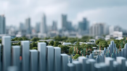 Data visualization reveals upward stock market trends against a blurred city backdrop, highlighting financial progress and activity