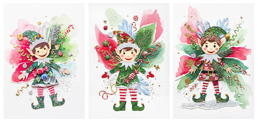 A festive Christmas 3D  collage featuring an elf made of confetti, glitter, pine needles, and candy canes. Handmade. An elegant set of illustrations and posters.