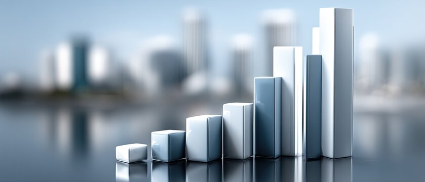 Data visualization reveals upward stock market trends against a blurred city backdrop, highlighting financial progress and activity