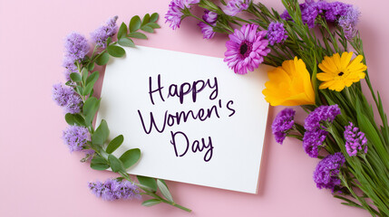 festive women’s day greeting card with vibrant spring flowers on soft pink background for holiday celebration and seasonal promotions