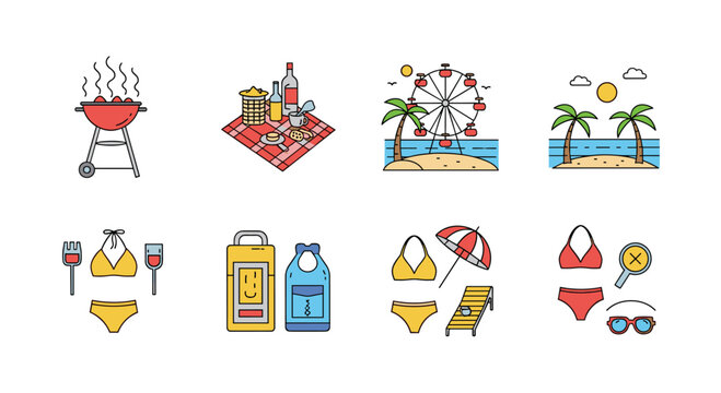 Collection of flat vector icons representing summer vacation activities and beach items. - Powered by Adobe