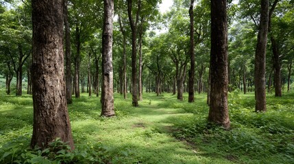 Obraz premium A serene forest path winds through tall green trees on a lush forest floor under natural light