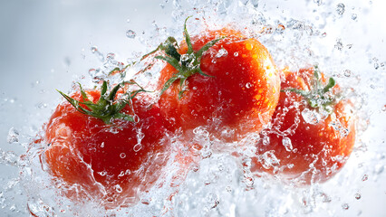 Dynamic water splash scene with floating fresh tomatoes in motion