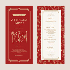 Christmas menu template with back and front Side in red gold theme. Vector illustration restaurant or cafe set menu with starter food, main course, dessert and beverage.