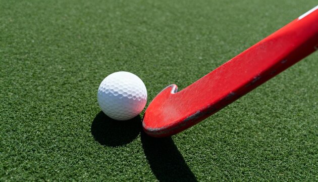 A red field hockey stick and white ball on a green artificial turf pitch. Close-up of sports equipment for a game or practice. Athletic competition concept