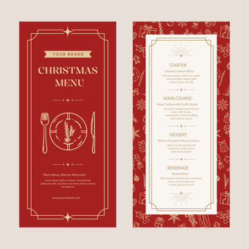 Christmas menu template with back and front Side in red gold theme. Vector illustration restaurant or cafe set menu with starter food, main course, dessert and beverage.