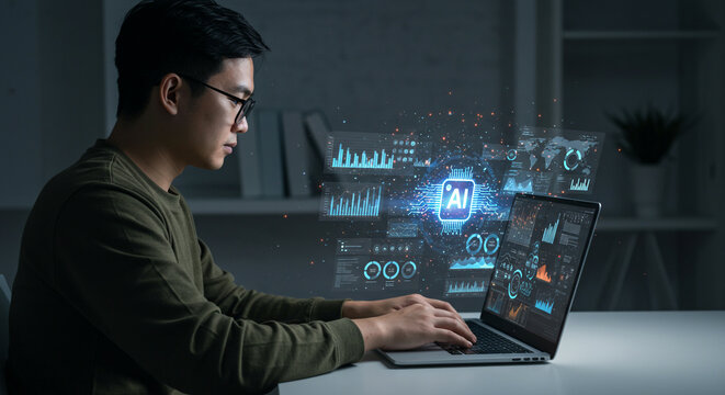 Young professional leverages cutting edge AI technology and data analytics for innovative business growth and future insights - Powered by Adobe