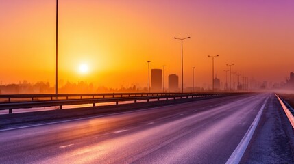 Serene sunset over a quiet highway, with silhouettes of buildings and soft mist in the background
