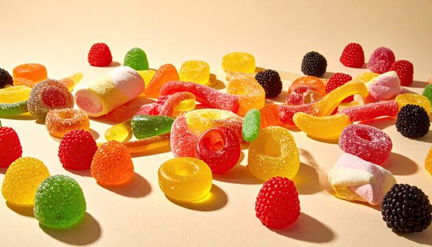 A vibrant assortment of colorful, sugary candies scattered on a neutral-toned background