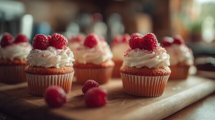 Delicious Raspberry Cupcakes With Whipped Cream Frosting on a Warm Wooden Board, Ready for Bakery, Dessert, and Celebration Photography