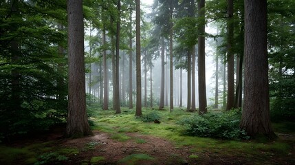 Obraz premium A serene and misty forest scene with tall trees and lush green moss covering the ground
