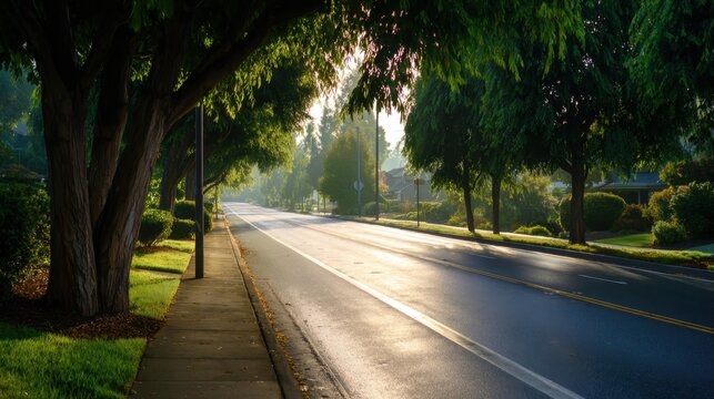Serene early morning street view with lush trees lining the road, sunlight filtering through foliage