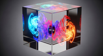 Stunning glass cube encapsulates vibrant swirling energy, blending cool blues with fiery oranges for a dynamic abstract concept.