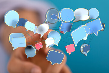 Abstract network of speech bubbles connected to a hand representing online communication and information exchan