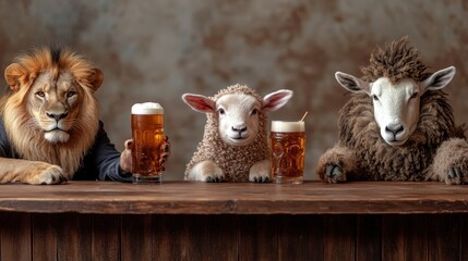 A delightful scene featuring a lion, sheep, and lamb, all sharing beers at a wooden bar, showcasing an endearing and humorous interaction that embodies friendship and joyous moments.