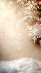 A delicate pastel beige surface is adorned with an elegant repeating motif of snowflakes and mistletoe leaves, evoking a serene winter wonderland atmosphere. 