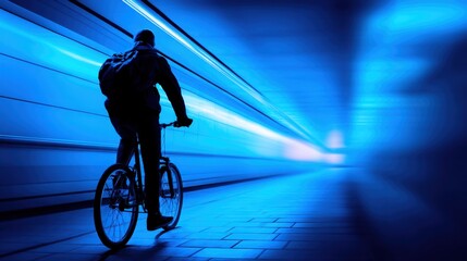A cyclist rides through a futuristic blue-lit tunnel, capturing a sense of speed and adventure