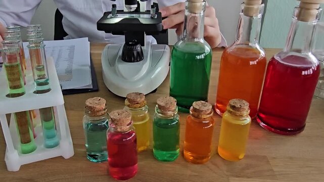 Colorful laboratory experiment with various liquids and microscope for science education