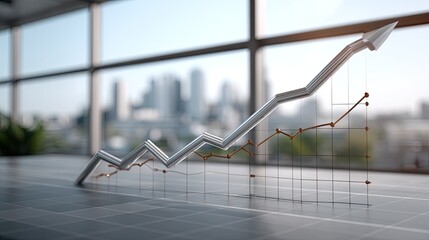 A vibrant city skyline shows a rising graph, symbolizing economic growth against a backdrop of tall buildings and blue skies