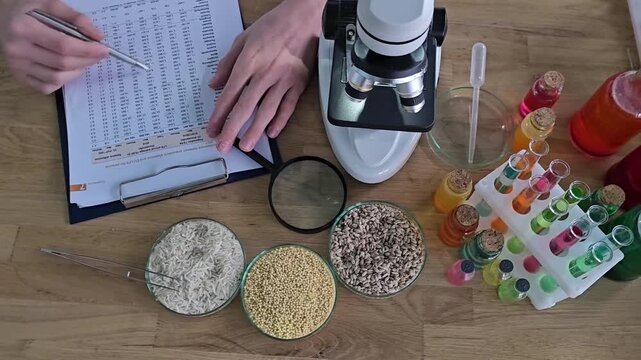 Scientific analysis of food samples in a laboratory with detailed observations and microscopy