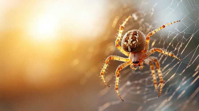 A mesmerizing close-up of a spider weaving its intricate web, illuminated by the warm glow of the sunset, highlighting the delicate artistry of nature and the beauty of creation.