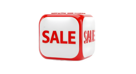 A red and white cube with the word sale on its sides, isolated on transparent background