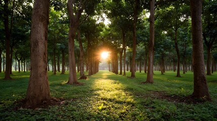 Fototapeta premium Golden sunlight streams through a symmetrical pathway lined with trees in a peaceful forest grove at dawn