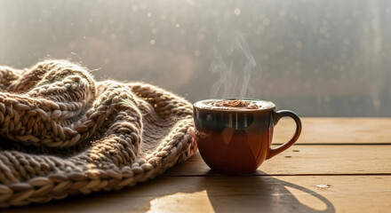 Steaming cup of coffee with knitted blanket on vintage wood table evokes cozy warmth, steaming cup of coffee fills frame with comfort. Warm beverage offers an intimate sensory experience.
