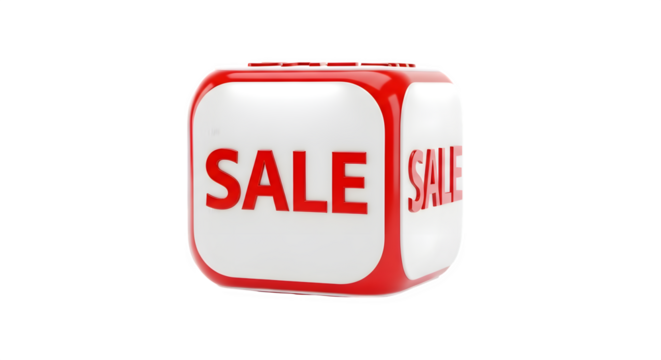 A red and white cube with the word sale on its sides, isolated on transparent background