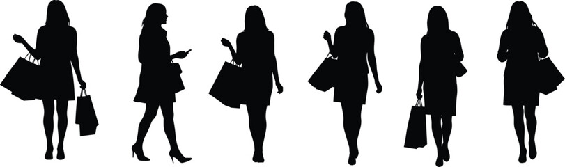 Silhouette of women walking with shopping bags on white background, representing fashion, elegance, retail lifestyle, modern trends, and consumer culture