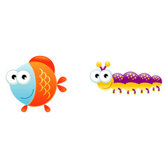 Charming Cartoon Creatures Featuring a Cheerful Orange Fish and a Playful Purple Caterpillar Illustration