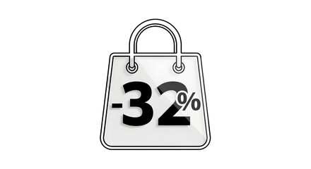 A shopping bag icon with a 32% discount, isolated on transparent background