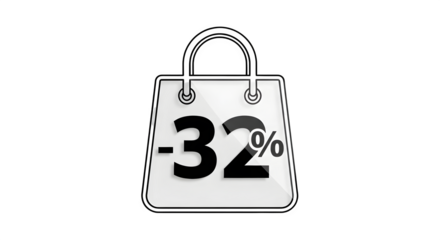 A shopping bag icon with a 32% discount, isolated on transparent background