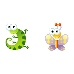 Charming vector illustration of a happy green gecko and a colorful purple butterfly character set