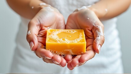 pair hands holding square shaped soap bar soap bar yellow color appears freshly hands cupped together fingers slightly spread apart background blurred focus hands soap bar which main focus small