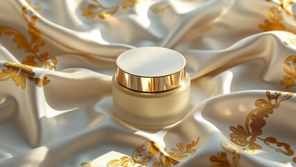 small white jar gold lid lying white fabric golden floral pattern jar appears glass porcelain has round shape flat base fabric has smooth texture gold pattern intricate detailed background blurred