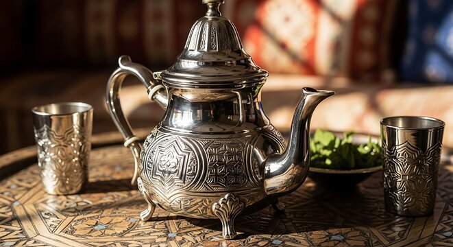 Traditional Moroccan Silver Tea Pot and Glasses on a Decorated Table
