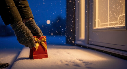 Anonymous gift on doorstep covered in snow, person in winter clothing delivering a gift. Delivering an anonymous gift is sure to bring holiday cheer and good will, spreading joy during winter.