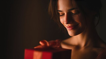 Warm Portrait Of A Woman With A Red Gift Box, Soft Candlelight, And Gentle Smile Evoking Joy, Celebration, Holiday Mood, Romance, And Cozy Evening Moments For Festive, Gift-Giving Themes
