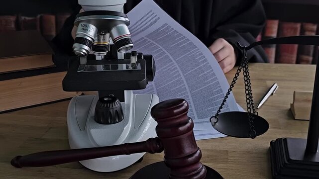 Examination of evidence under microscope in legal setting with judge and gavel present
